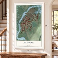 Secaucus, New Jersey map, 24 x 36 inch print in a white frame by a staircase