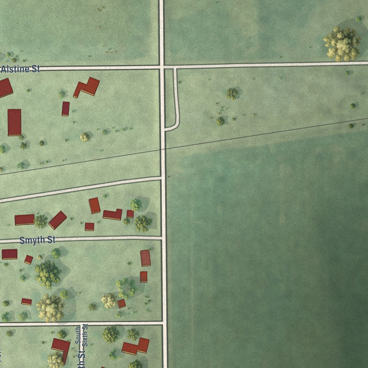 Second close-up of the map of Secor, Illinois print showing more streets and buildings