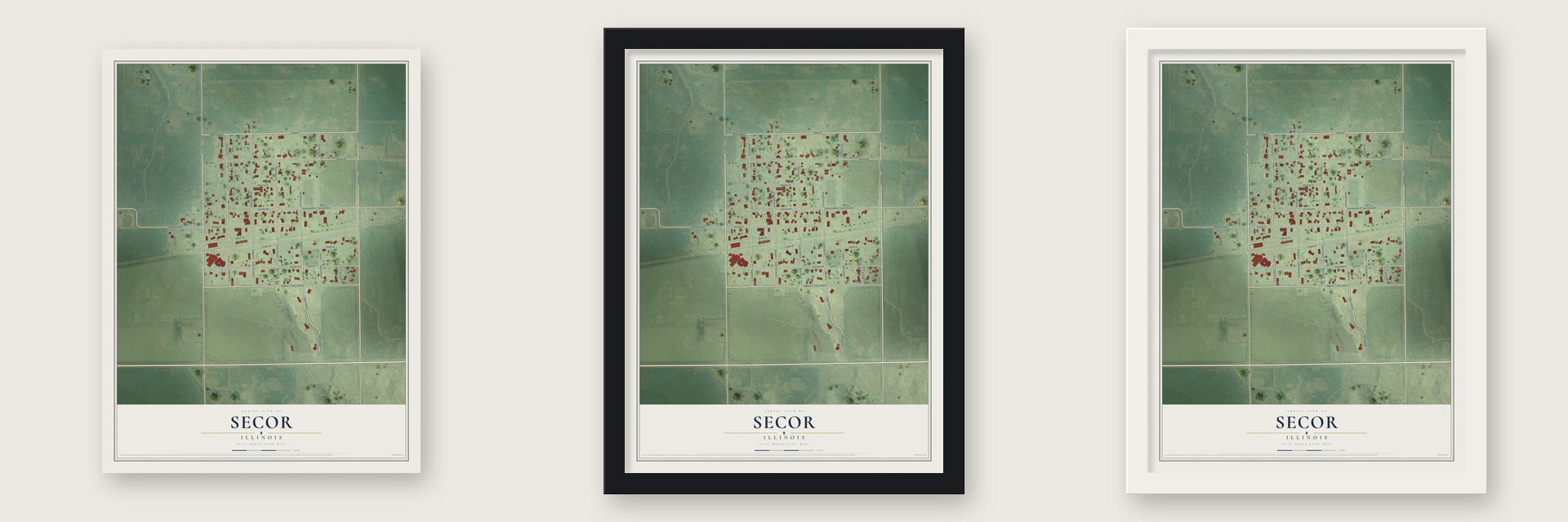 Secor, Illinois map unframed, in a black wood frame and in a white wood frame