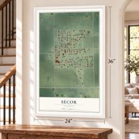 Secor, Illinois map, 24 x 36 inch print in a white frame by a staircase