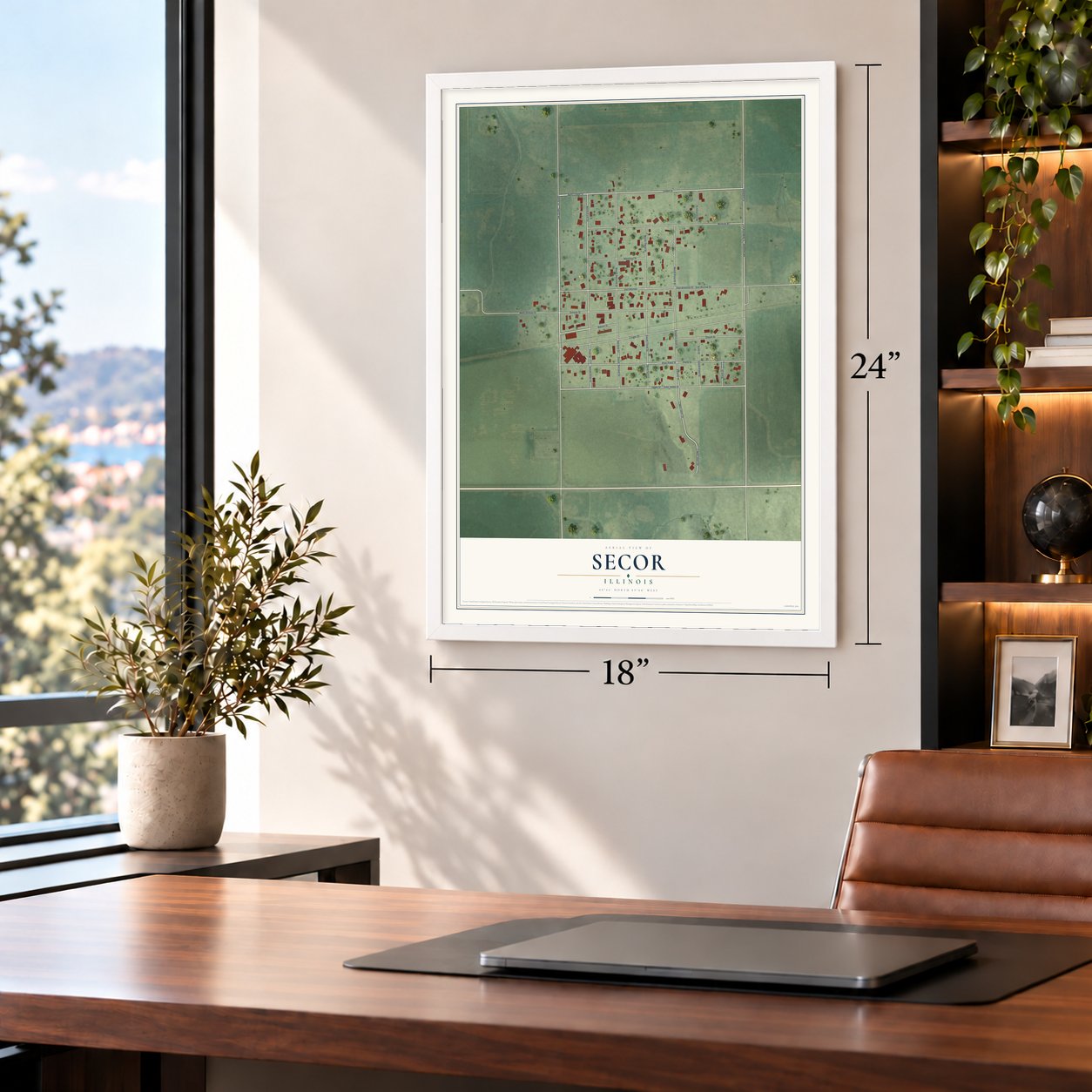 Secor, Illinois map, 18 x 24 inch print in a white frame in a home office