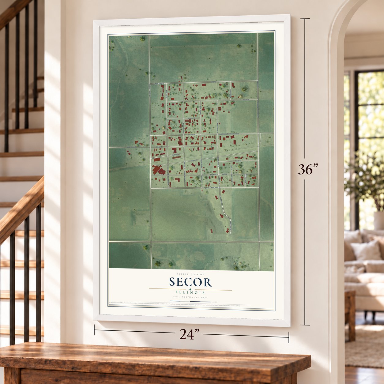 Secor, Illinois map, 24 x 36 inch print in a white frame by a staircase