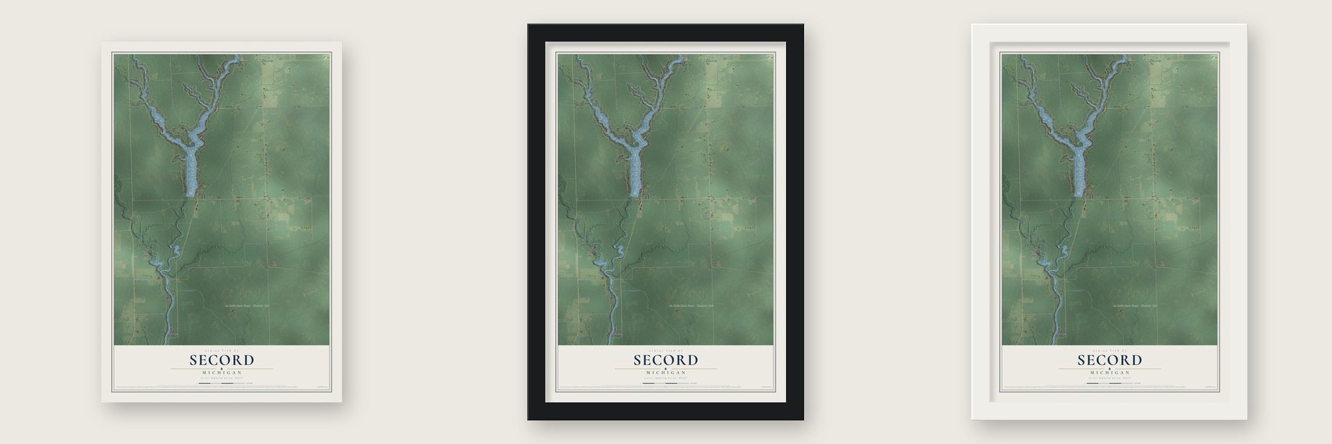 Secord, Michigan map unframed, in a black wood frame and in a white wood frame