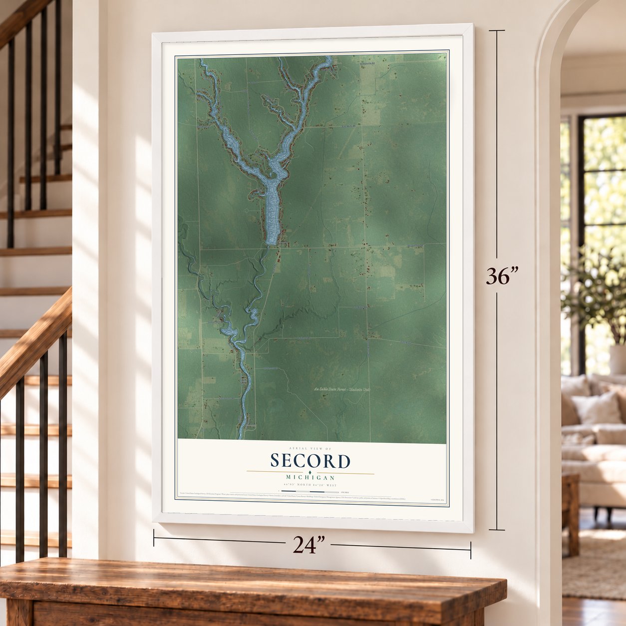 Secord, Michigan map, 24 x 36 inch print in a white frame by a staircase