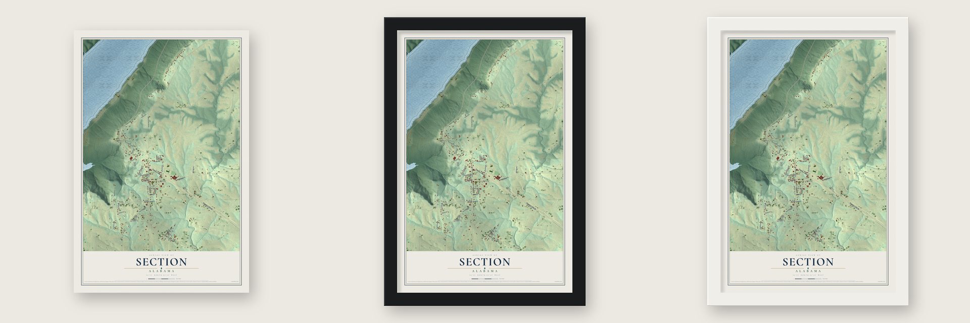 Section, Alabama map unframed, in a black wood frame and in a white wood frame