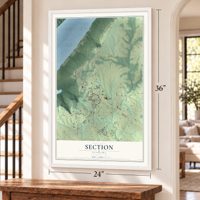 Section, Alabama map, 24 x 36 inch print in a white frame by a staircase