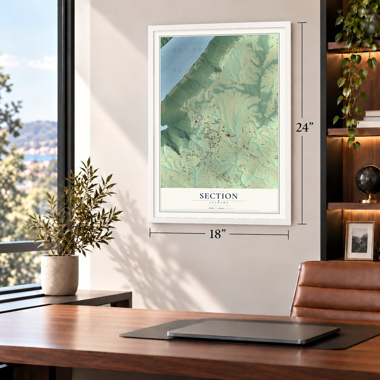 Section, Alabama map, 18 x 24 inch print in a white frame in a home office