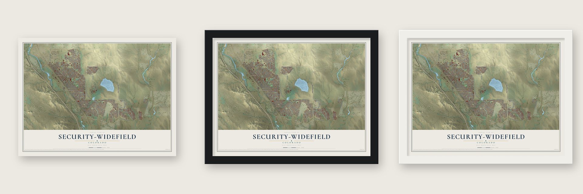 Security-Widefield, Colorado map unframed, in a black wood frame and in a white wood frame