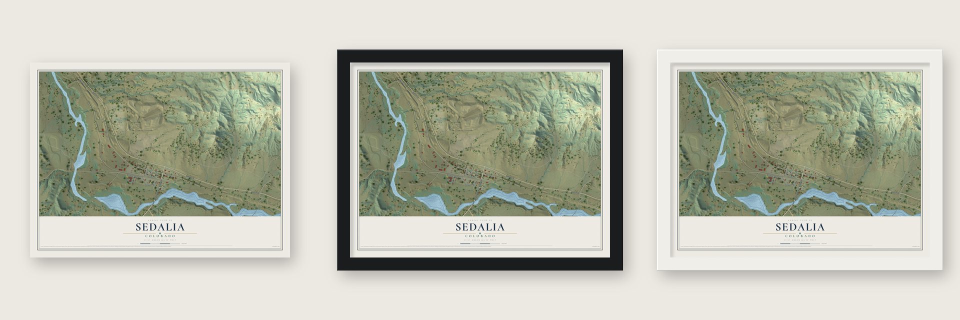 Sedalia, Colorado map unframed, in a black wood frame and in a white wood frame