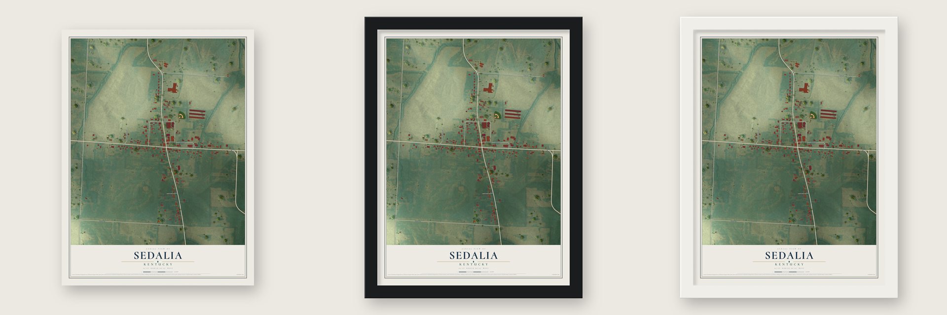 Sedalia, Kentucky map unframed, in a black wood frame and in a white wood frame