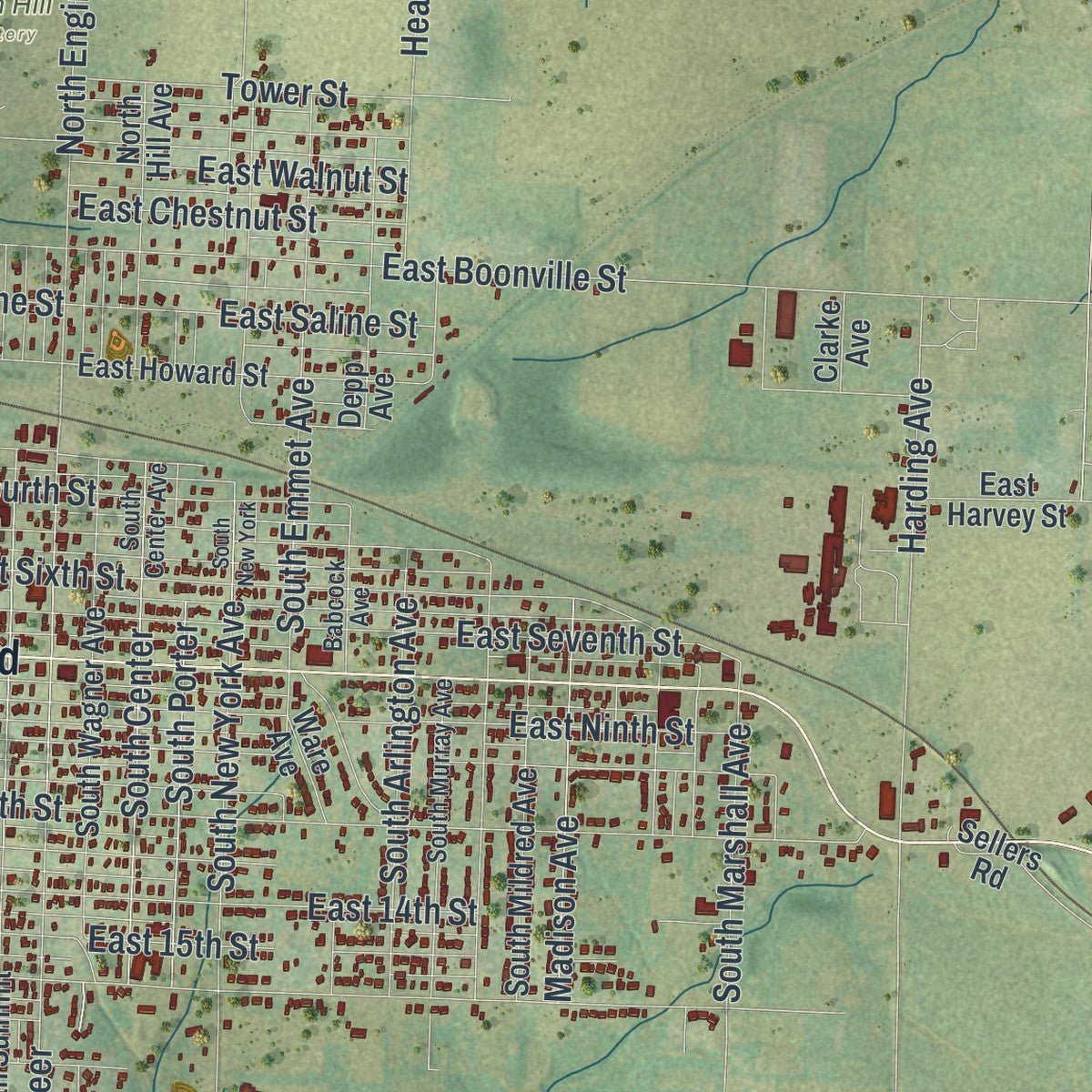 Second close-up of the map of Sedalia, Missouri print showing more streets and buildings