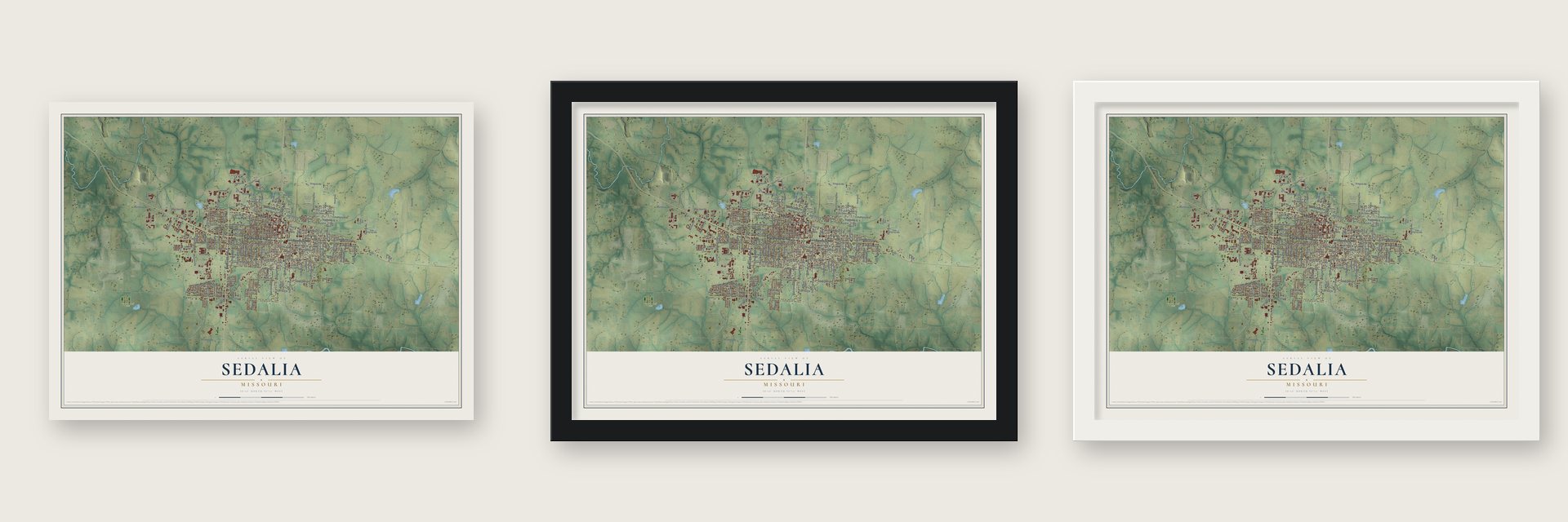Sedalia, Missouri map unframed, in a black wood frame and in a white wood frame