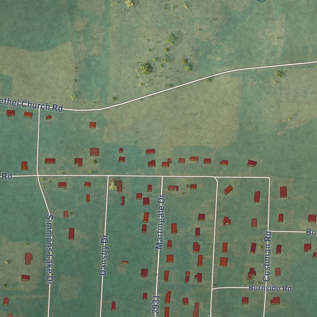 Second close-up of the map of Sedalia, North Carolina print showing more streets and buildings