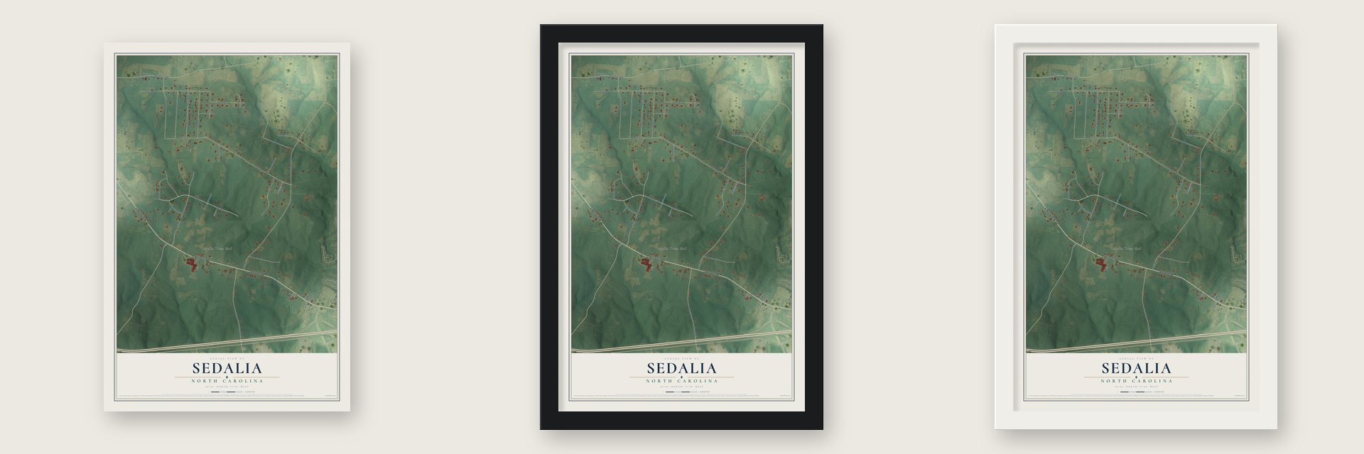 Sedalia, North Carolina map unframed, in a black wood frame and in a white wood frame