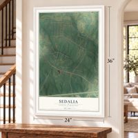 Sedalia, North Carolina map, 24 x 36 inch print in a white frame by a staircase