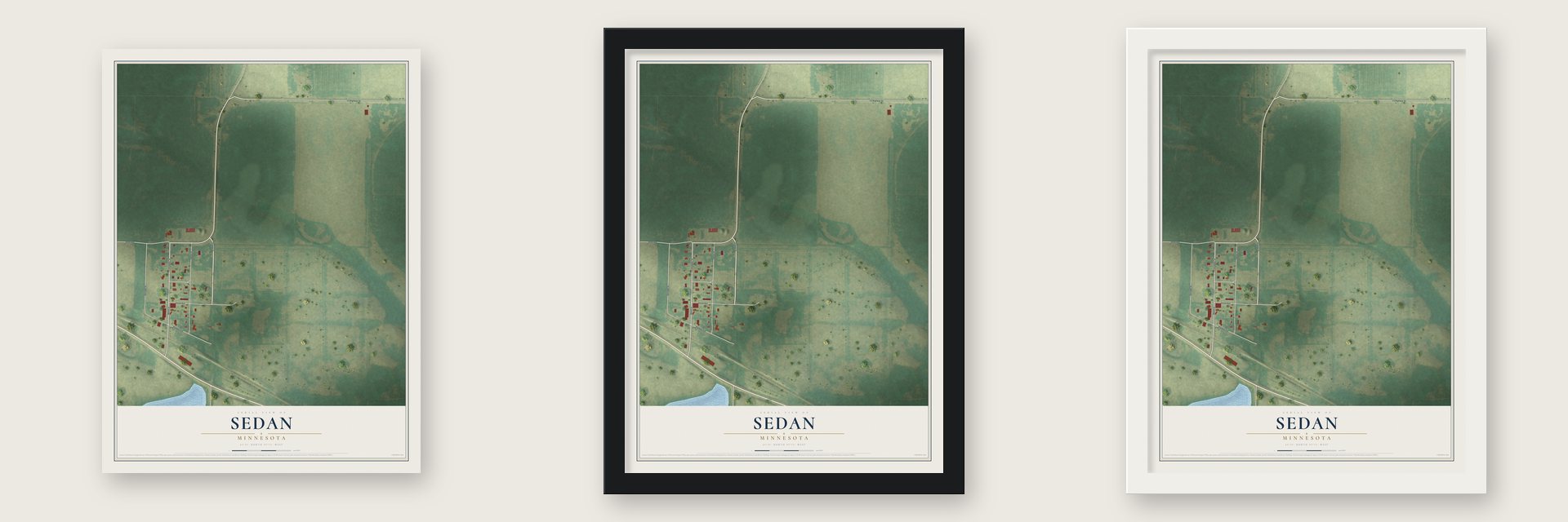 Sedan, Minnesota map unframed, in a black wood frame and in a white wood frame