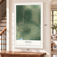Sedan, Minnesota map, 24 x 36 inch print in a white frame by a staircase