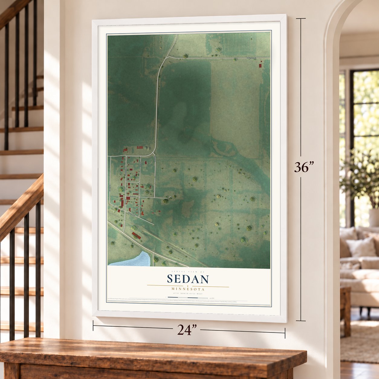 Sedan, Minnesota map, 24 x 36 inch print in a white frame by a staircase