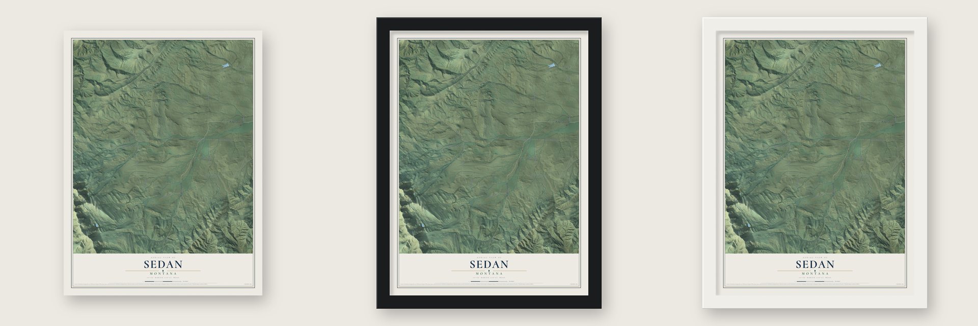 Sedan, Montana map unframed, in a black wood frame and in a white wood frame