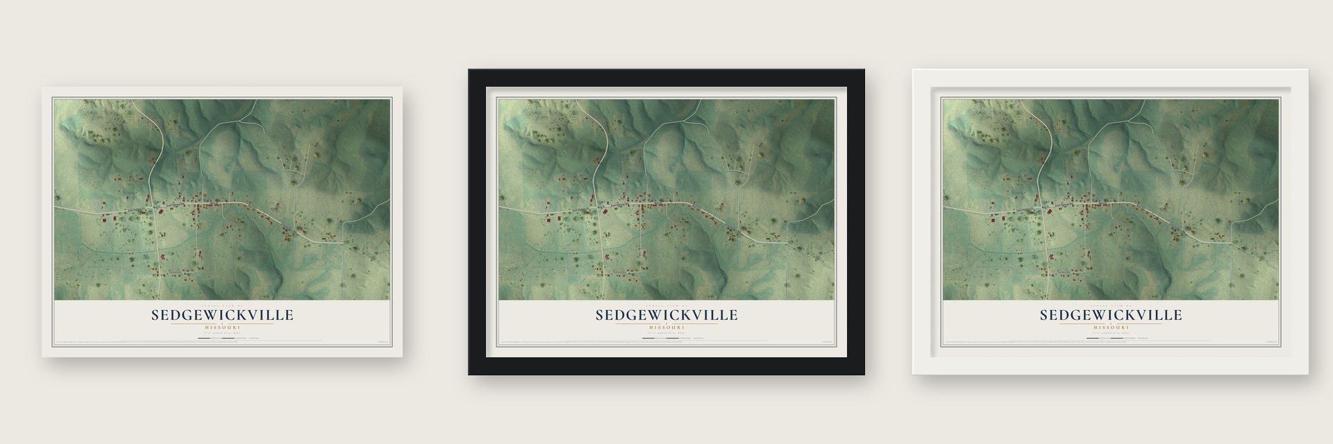 Sedgewickville, Missouri map unframed, in a black wood frame and in a white wood frame