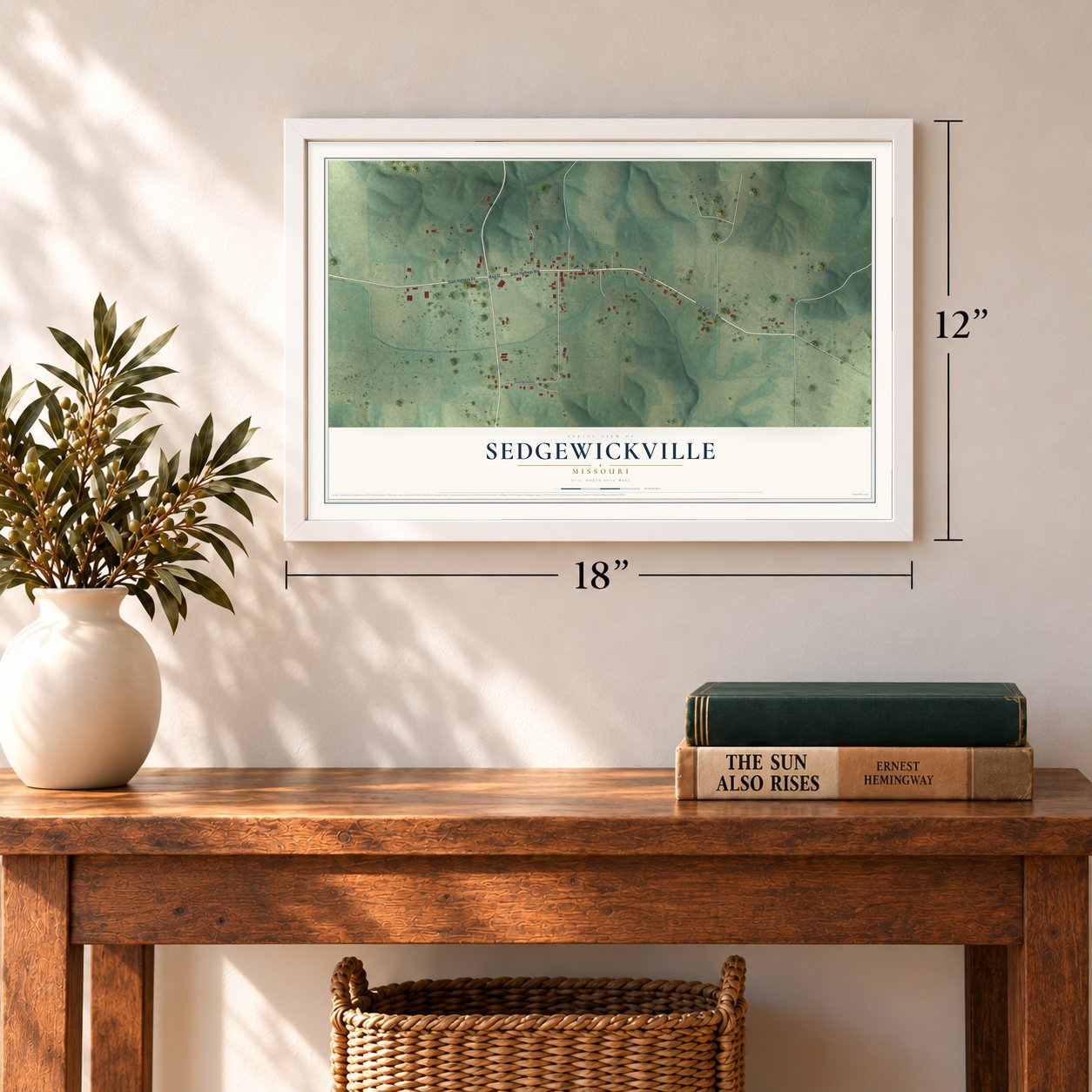 Sedgewickville, Missouri map, 12 x 18 inch print in a white frame in an entryway
