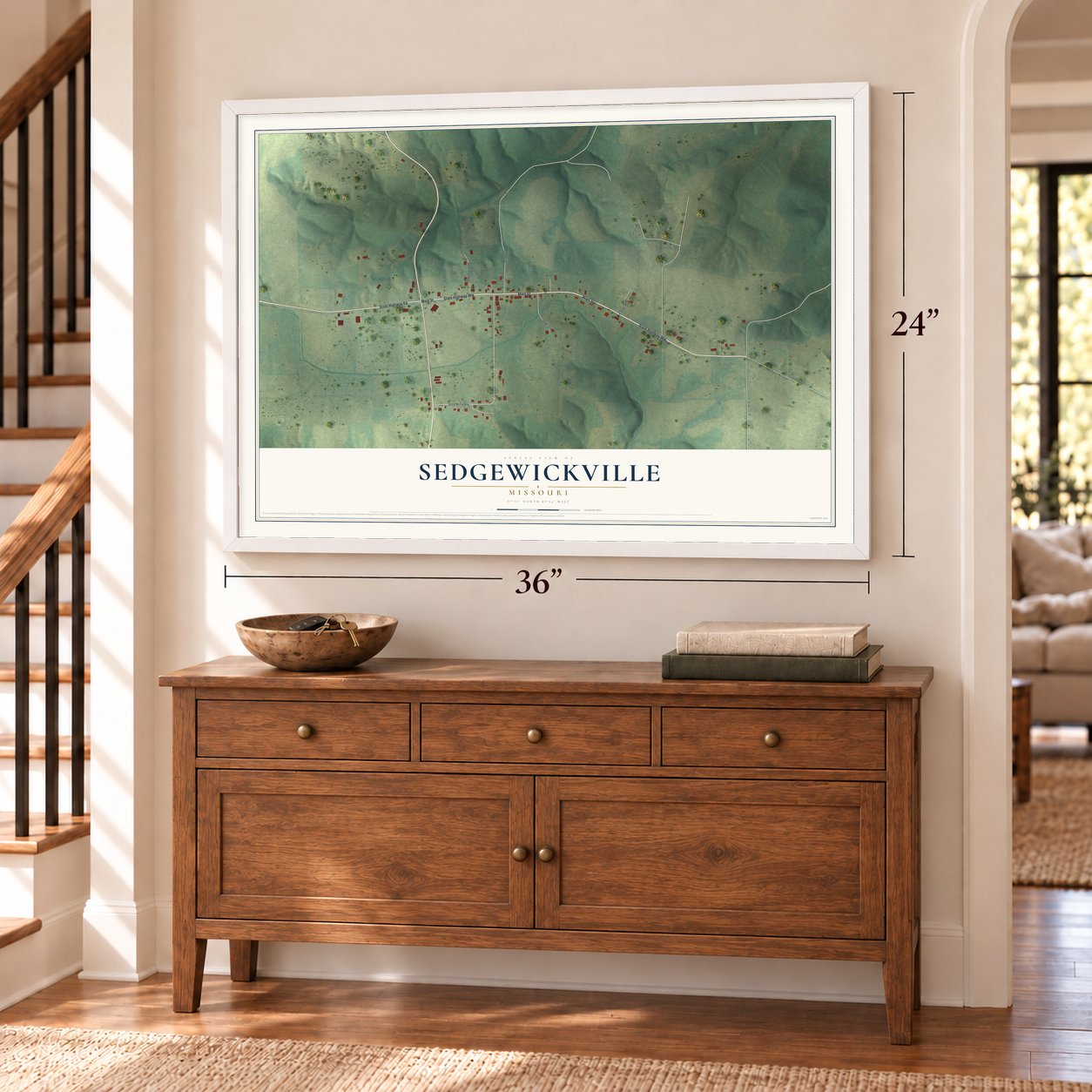 Sedgewickville, Missouri map, 24 x 36 inch print in a white frame above a dresser by a staircase