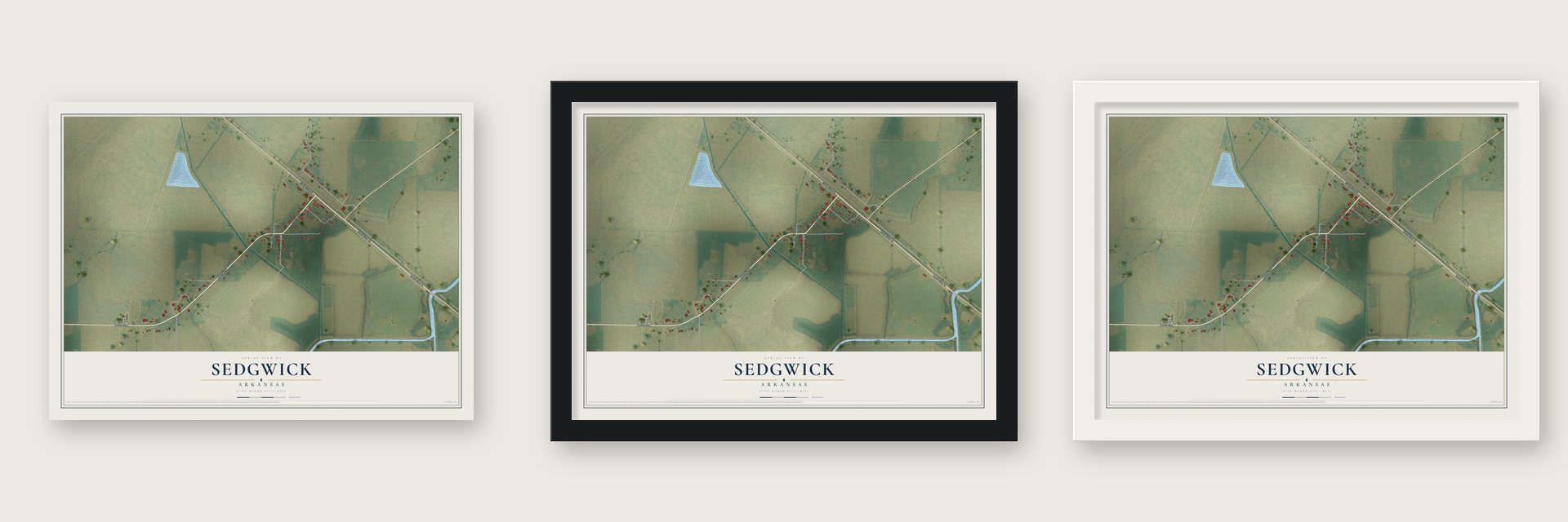 Sedgwick, Arkansas map unframed, in a black wood frame and in a white wood frame