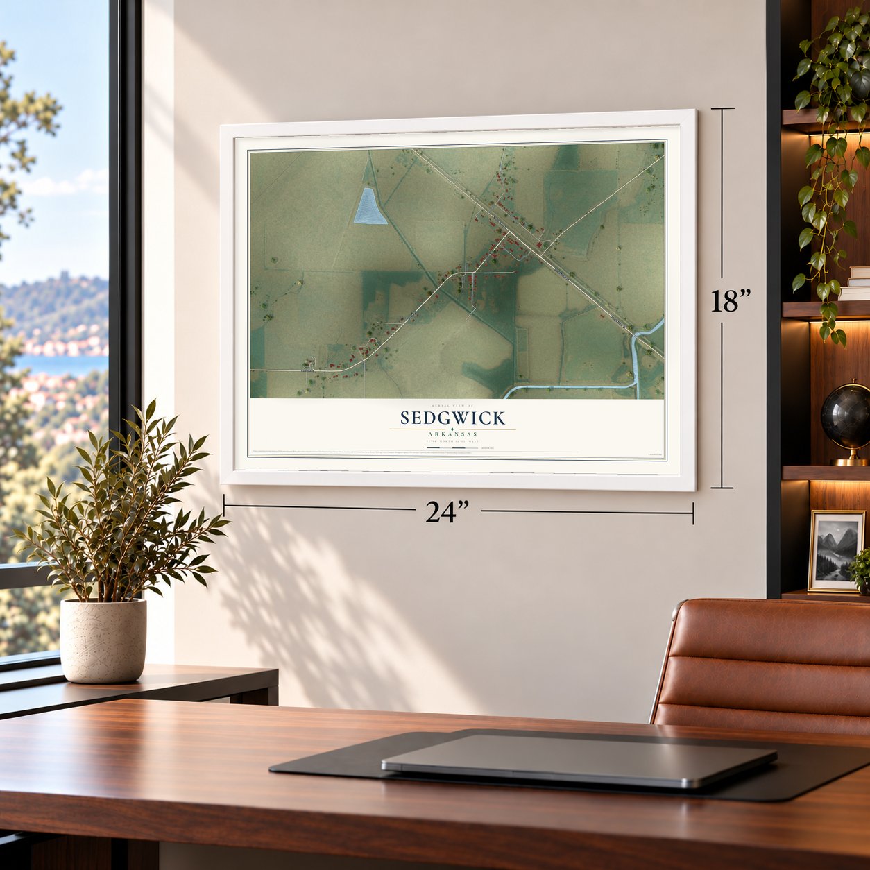 Sedgwick, Arkansas map, 18 x 24 inch print in a white frame in a home office