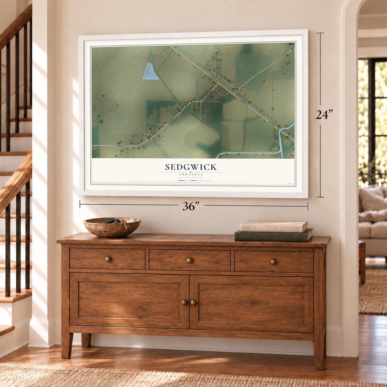 Sedgwick, Arkansas map, 24 x 36 inch print in a white frame above a dresser by a staircase