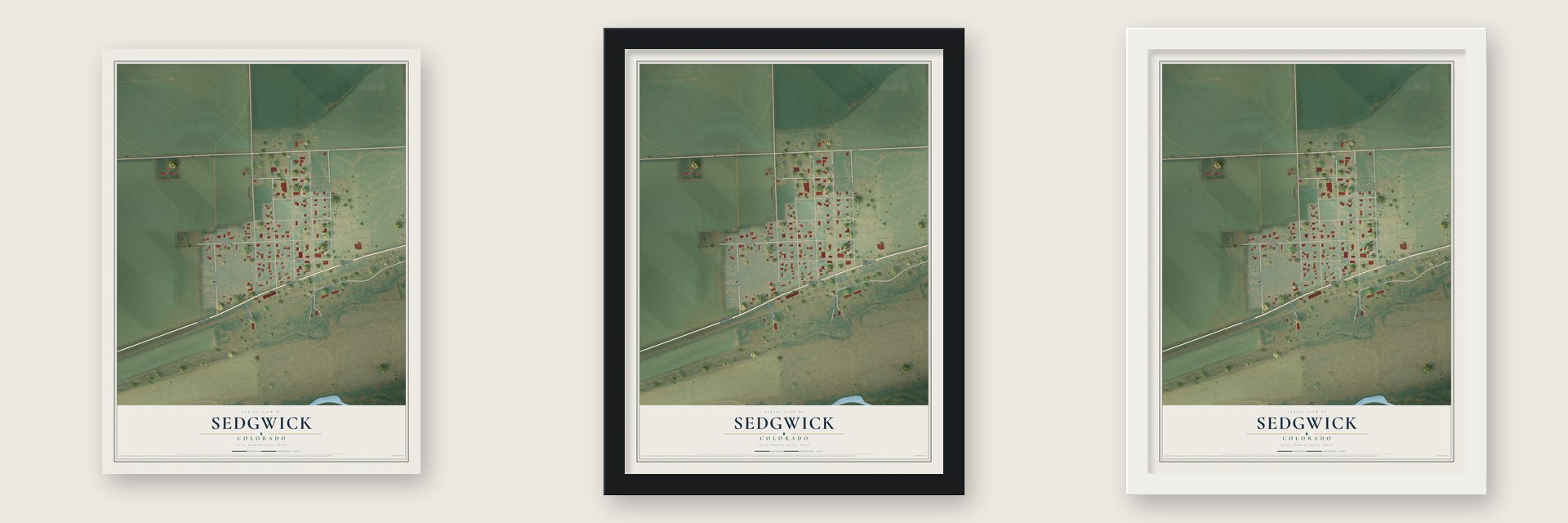 Sedgwick, Colorado map unframed, in a black wood frame and in a white wood frame