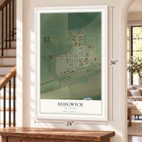 Sedgwick, Colorado map, 24 x 36 inch print in a white frame by a staircase