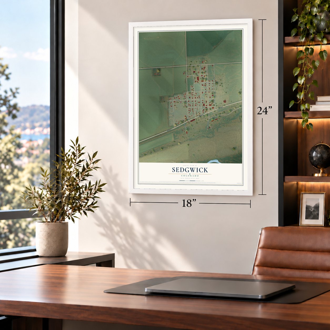 Sedgwick, Colorado map, 18 x 24 inch print in a white frame in a home office