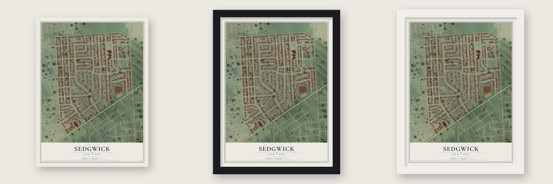 Sedgwick, New York map unframed, in a black wood frame and in a white wood frame