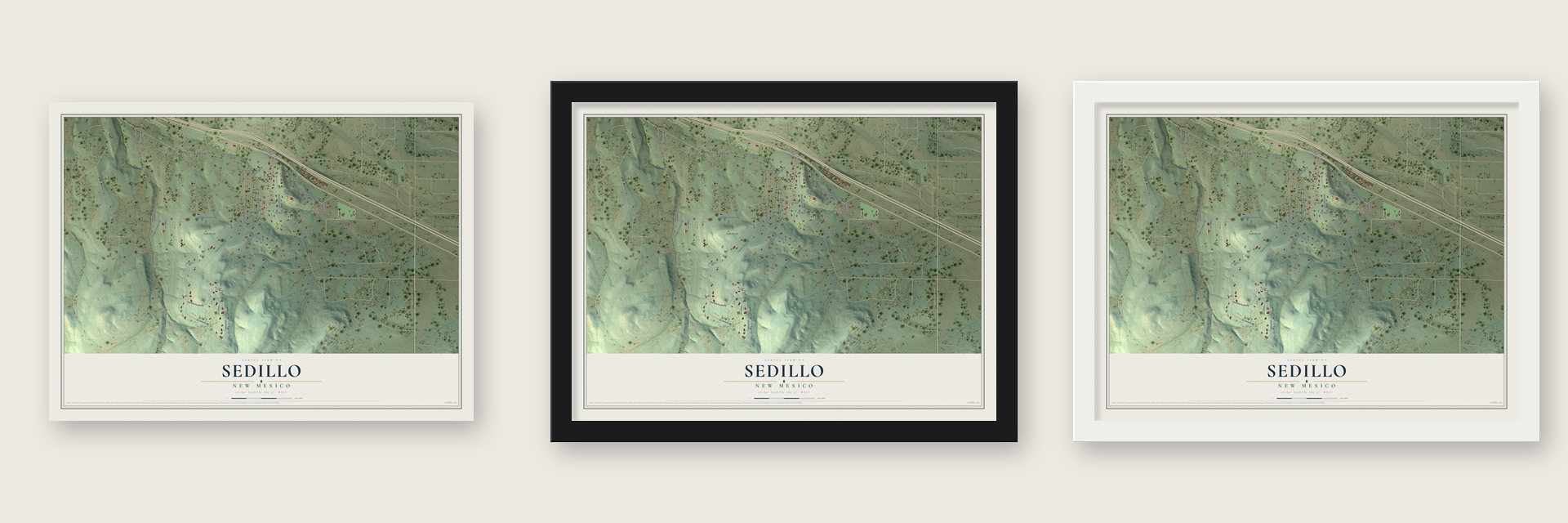 Sedillo, New Mexico map unframed, in a black wood frame and in a white wood frame