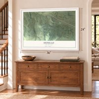 Sedillo, New Mexico map, 24 x 36 inch print in a white frame above a dresser by a staircase
