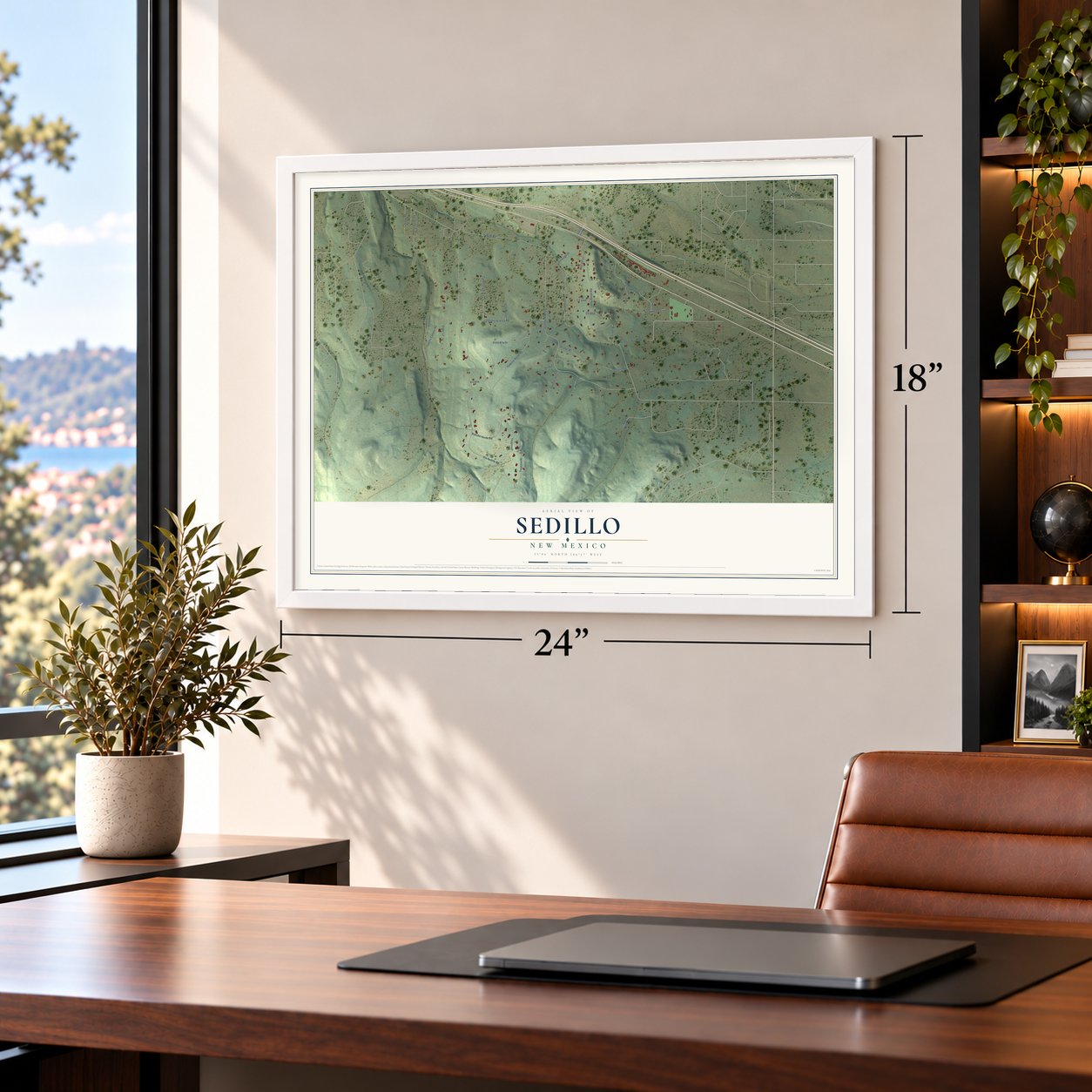 Sedillo, New Mexico map, 18 x 24 inch print in a white frame in a home office
