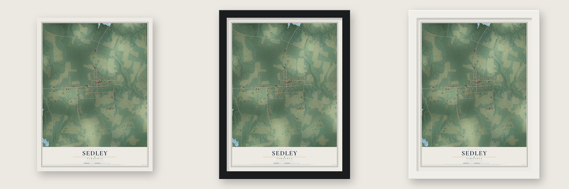 Sedley, Virginia map unframed, in a black wood frame and in a white wood frame