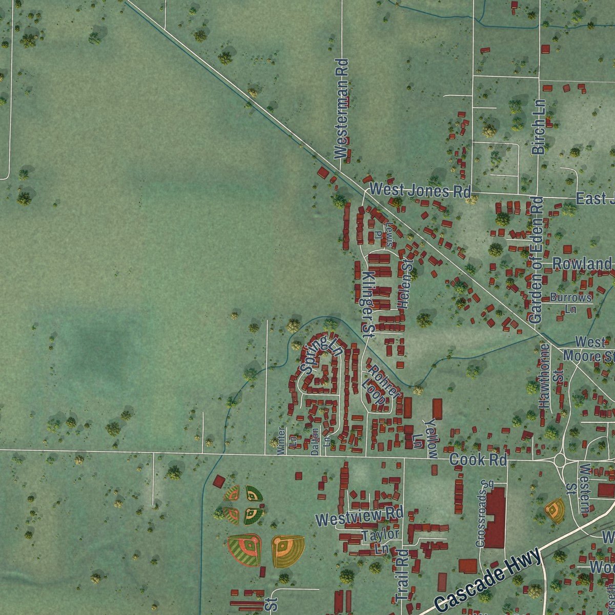 Second close-up of the map of Sedro-Woolley, Washington print showing more streets and buildings