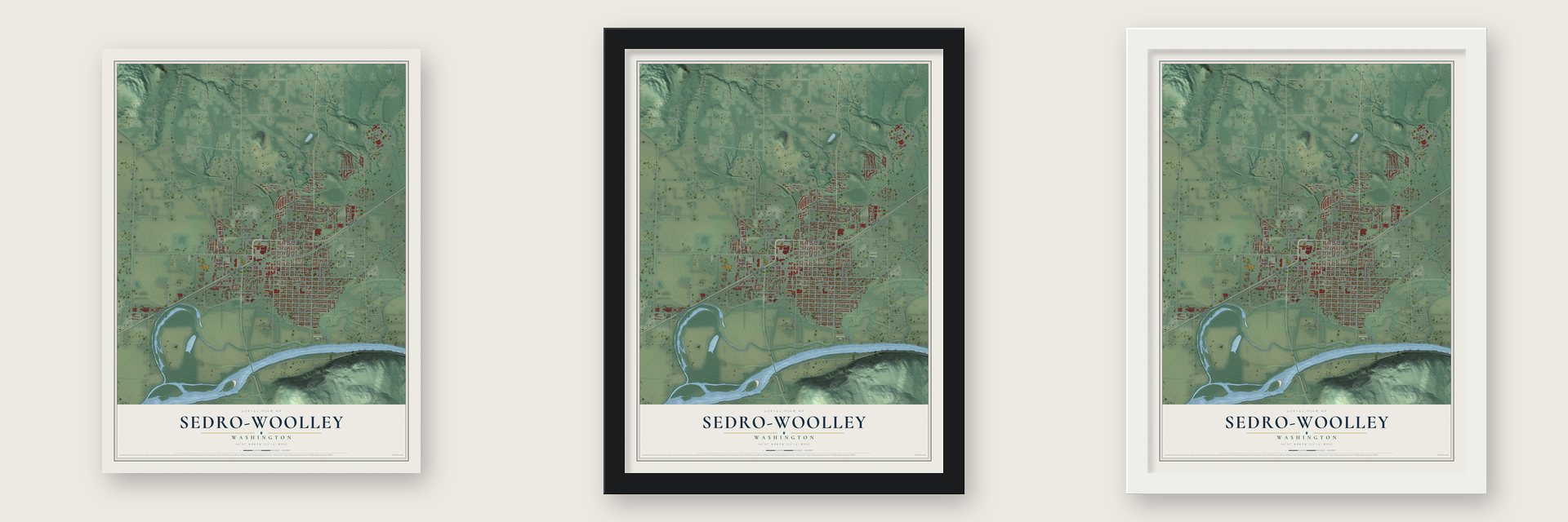 Sedro-Woolley, Washington map unframed, in a black wood frame and in a white wood frame