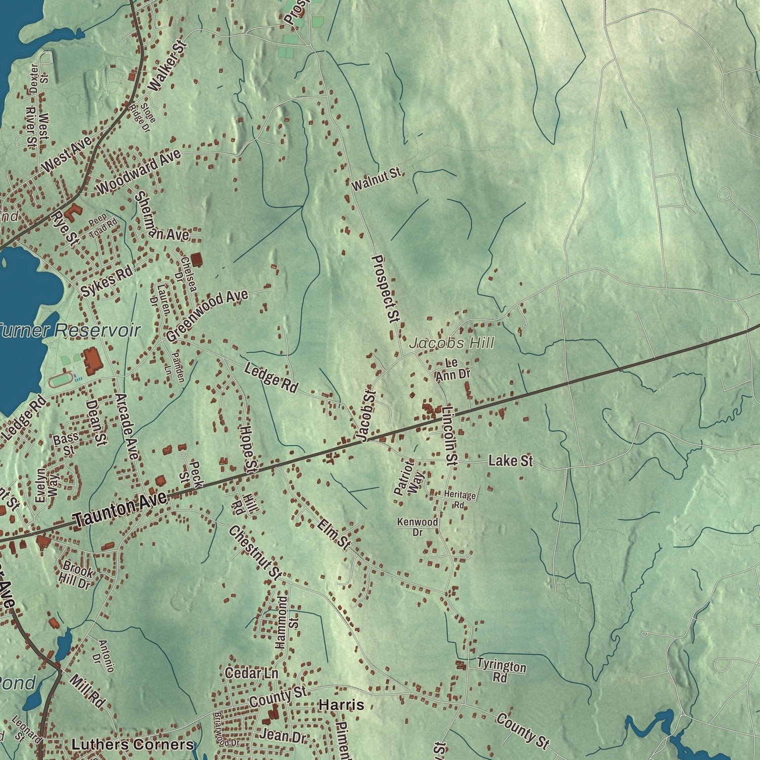 Close-up of the map of Seekonk, Massachusetts print showing terrain and local geography