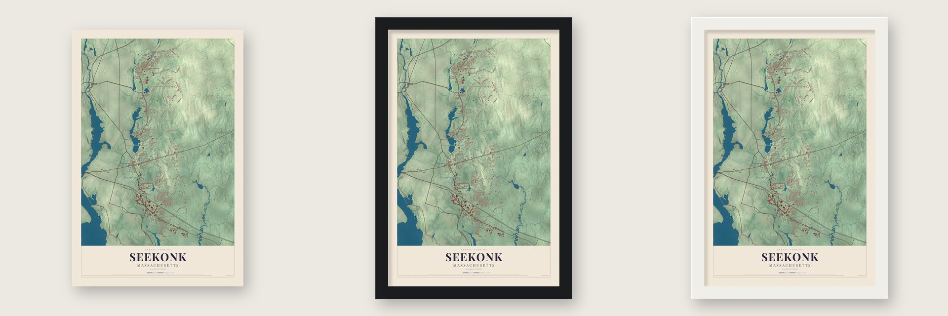 Seekonk, Massachusetts map unframed, in a black wood frame and in a white wood frame