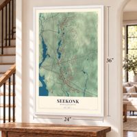 Seekonk, Massachusetts map, 24 x 36 inch print in a white frame by a staircase