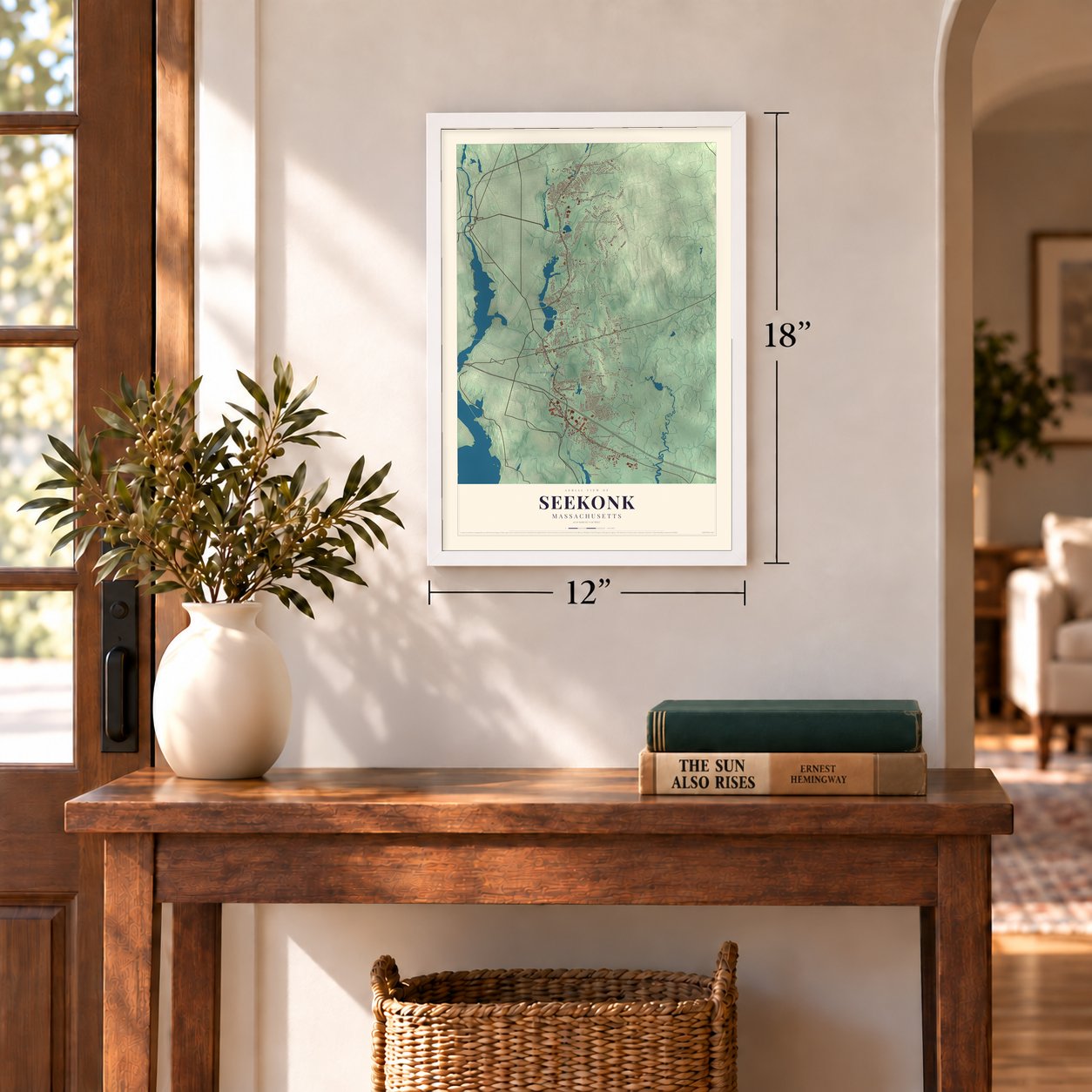 Seekonk, Massachusetts map, 12 x 18 inch print in a white frame in an entryway