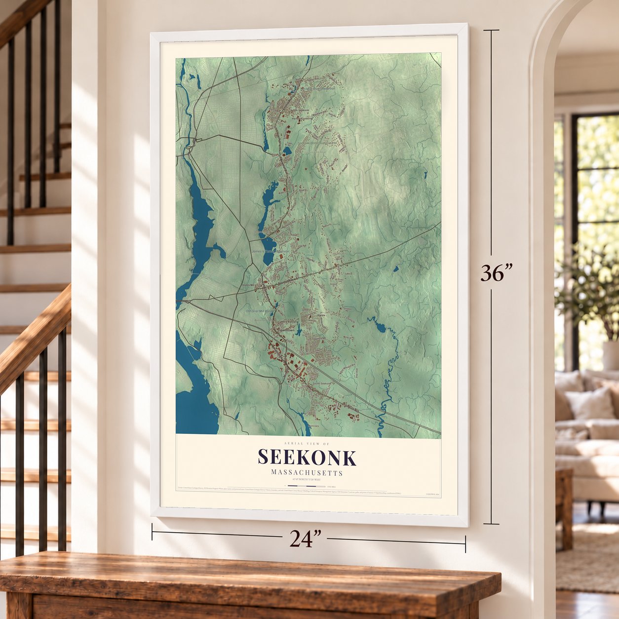 Seekonk, Massachusetts map, 24 x 36 inch print in a white frame by a staircase