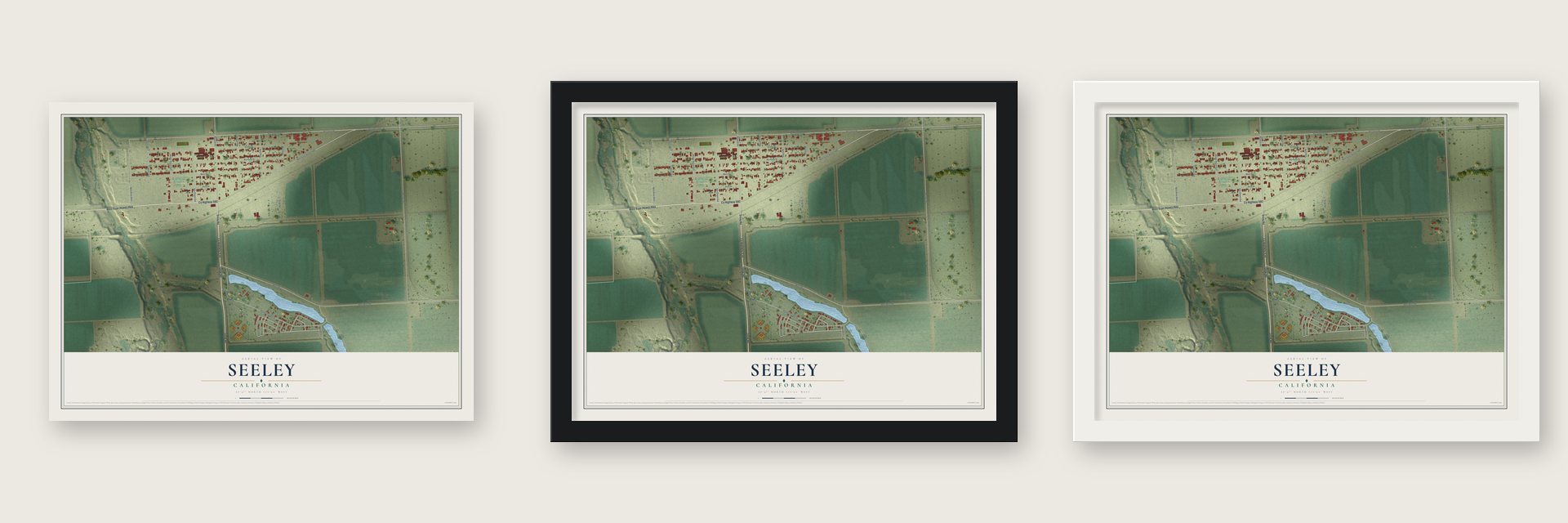 Seeley, California map unframed, in a black wood frame and in a white wood frame