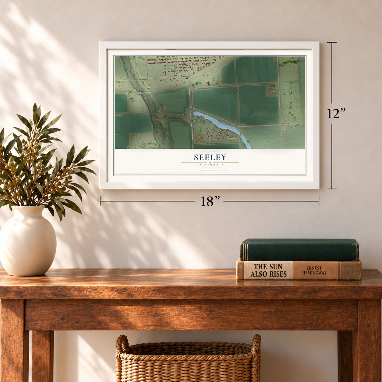 Seeley, California map, 12 x 18 inch print in a white frame in an entryway