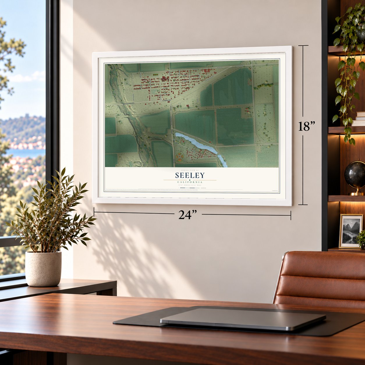 Seeley, California map, 18 x 24 inch print in a white frame in a home office