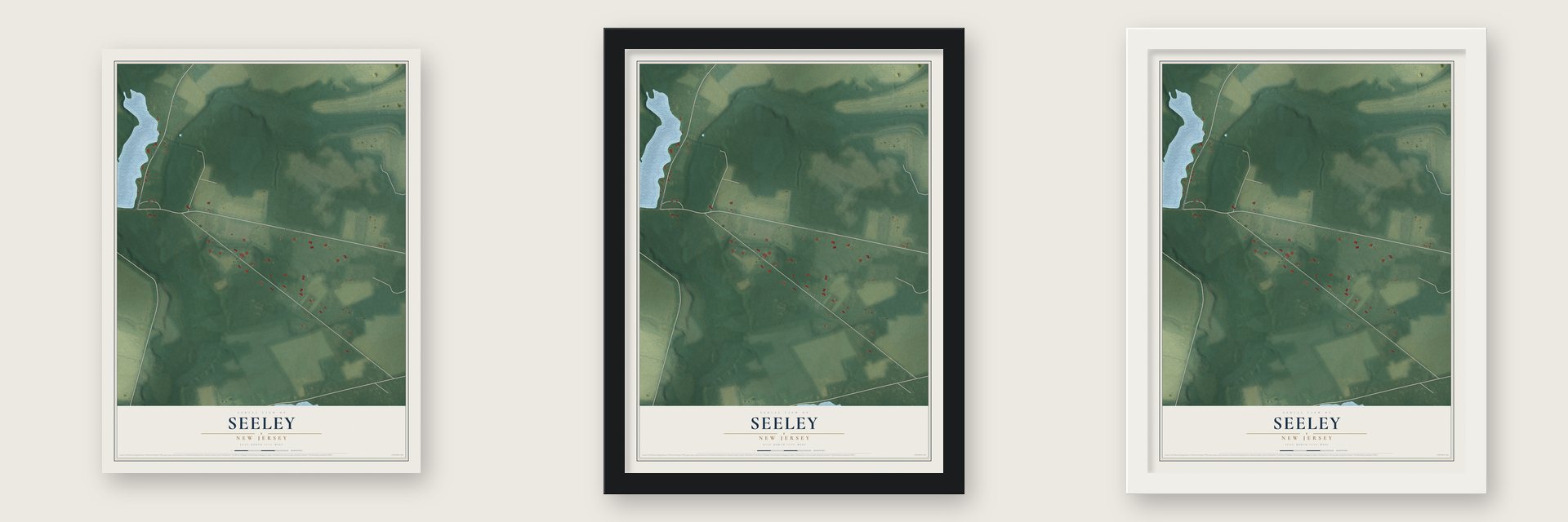 Seeley, New Jersey map unframed, in a black wood frame and in a white wood frame