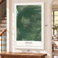 Seeley, New Jersey map, 24 x 36 inch print in a white frame by a staircase
