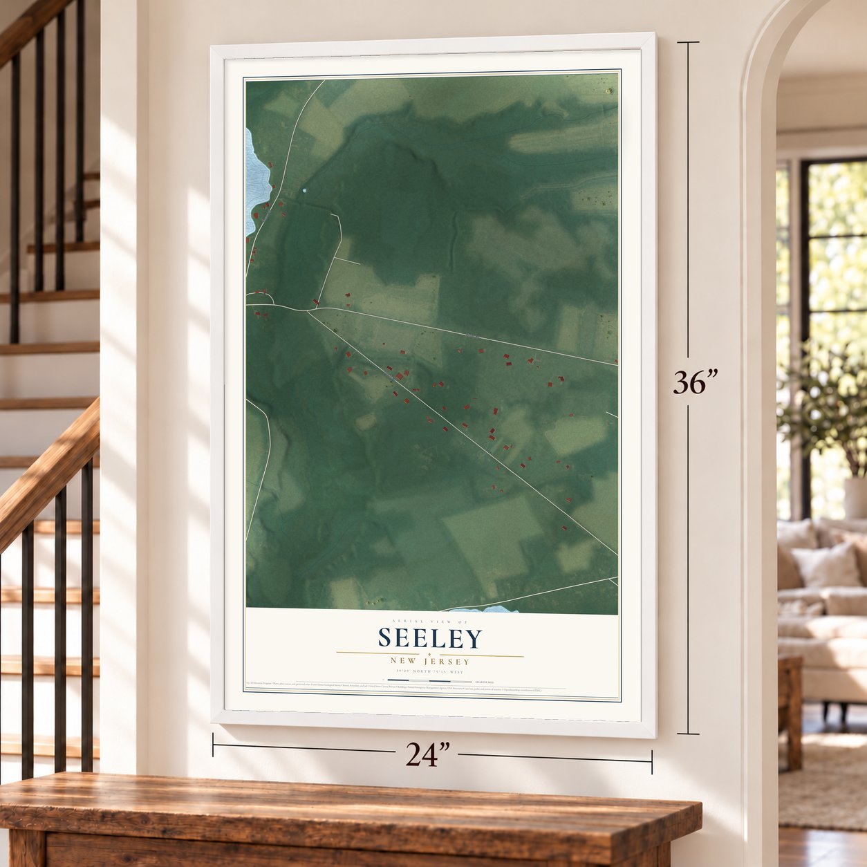Seeley, New Jersey map, 24 x 36 inch print in a white frame by a staircase